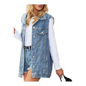 Oulivey Denim Oversized Jean Vest Mid Long